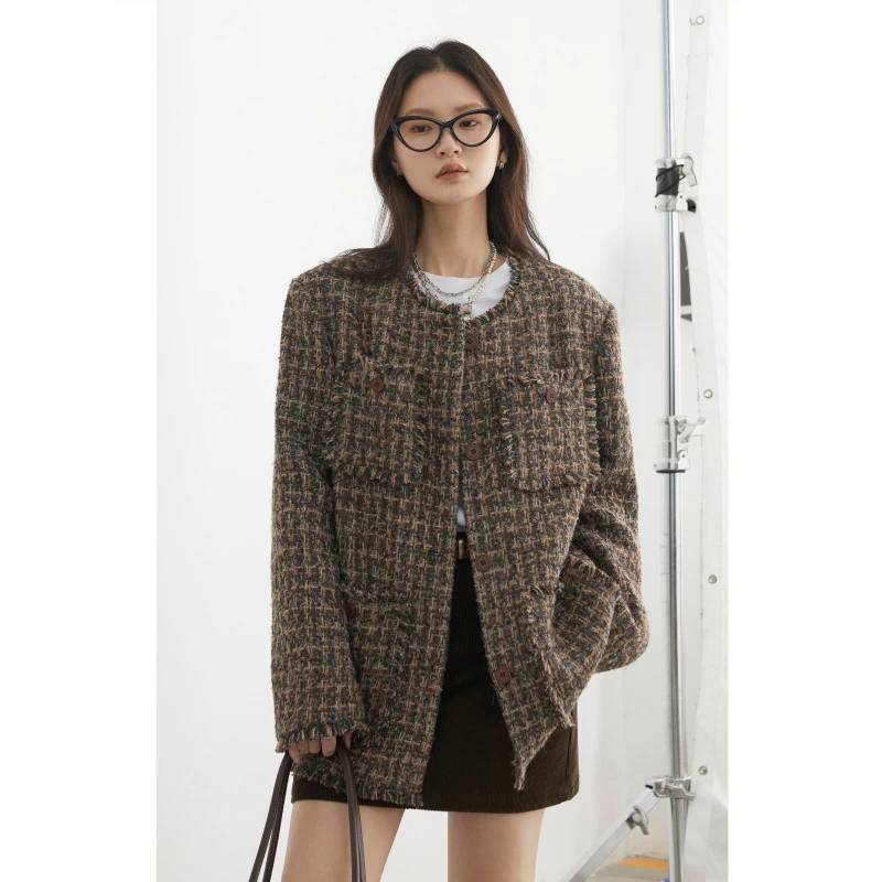复古小香风编织外套2025年秋季新款小个子毛边设计粗花呢上衣女