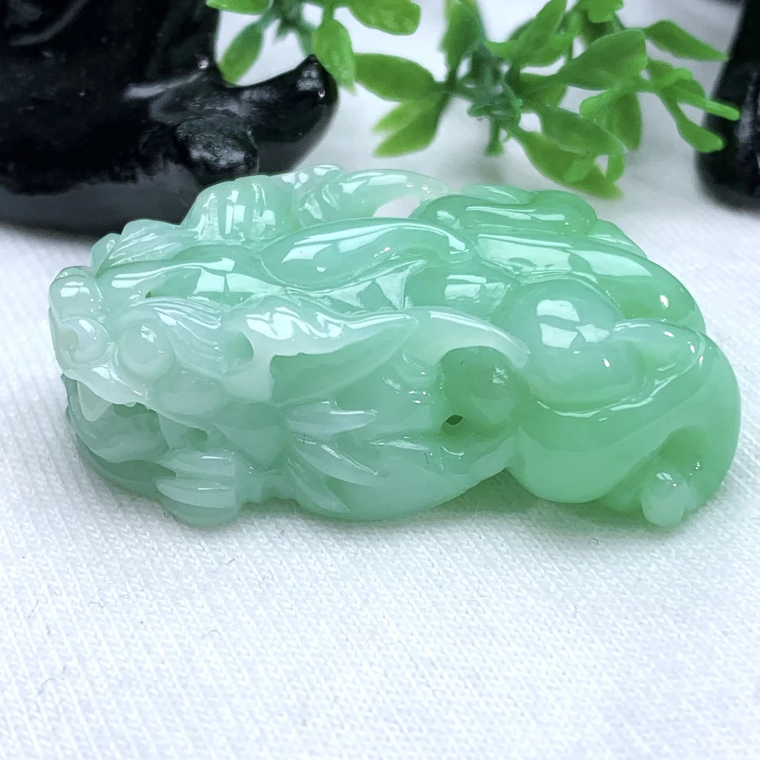 天然缅甸翡翠A货冰润满绿貔貅吊坠挂件40.8−21.6−12mm
