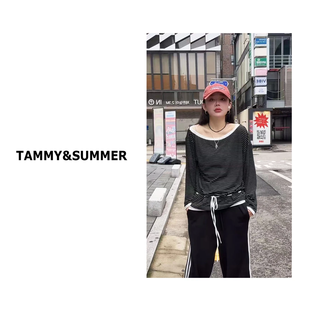 【Tammy&Summer】韩系宽松慵懒风黑白条纹长袖斜肩收腰抽绳T恤1117