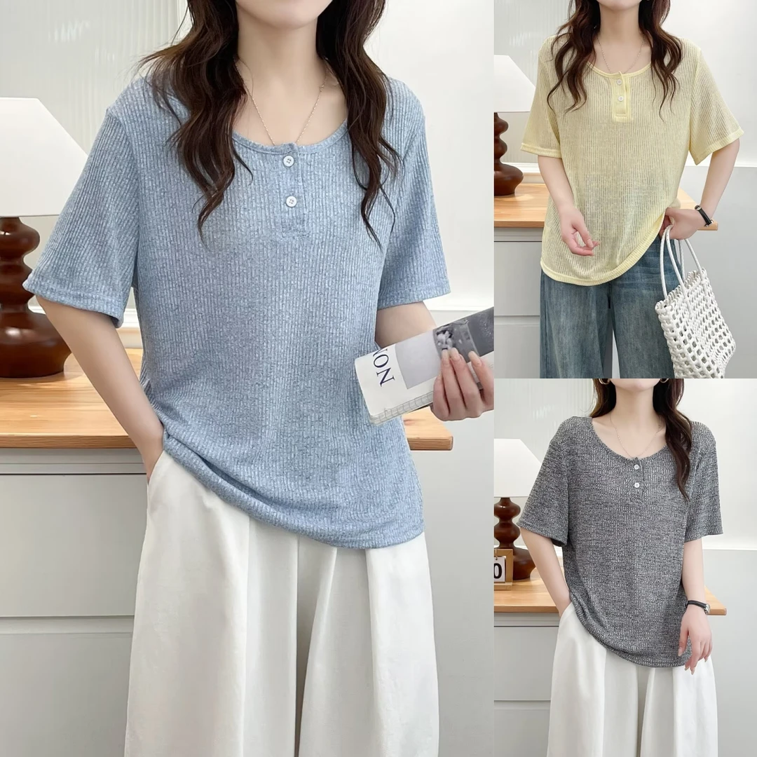 圆领T恤夏季短袖短款时尚针织微胖mm大板型大码女装宽松新款上衣