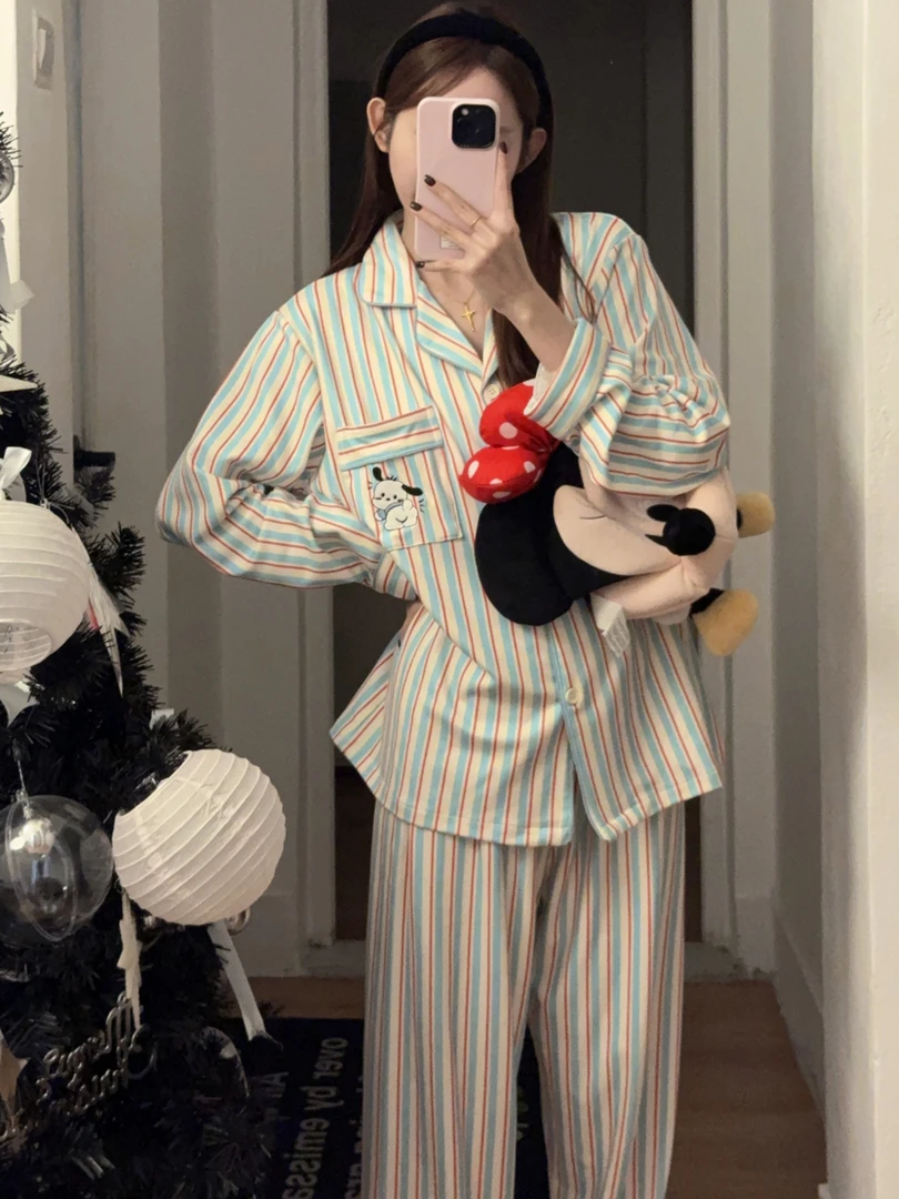 条纹睡衣套装日系秋冬季加厚德绒长袖大码保暖家居服套装女可外穿