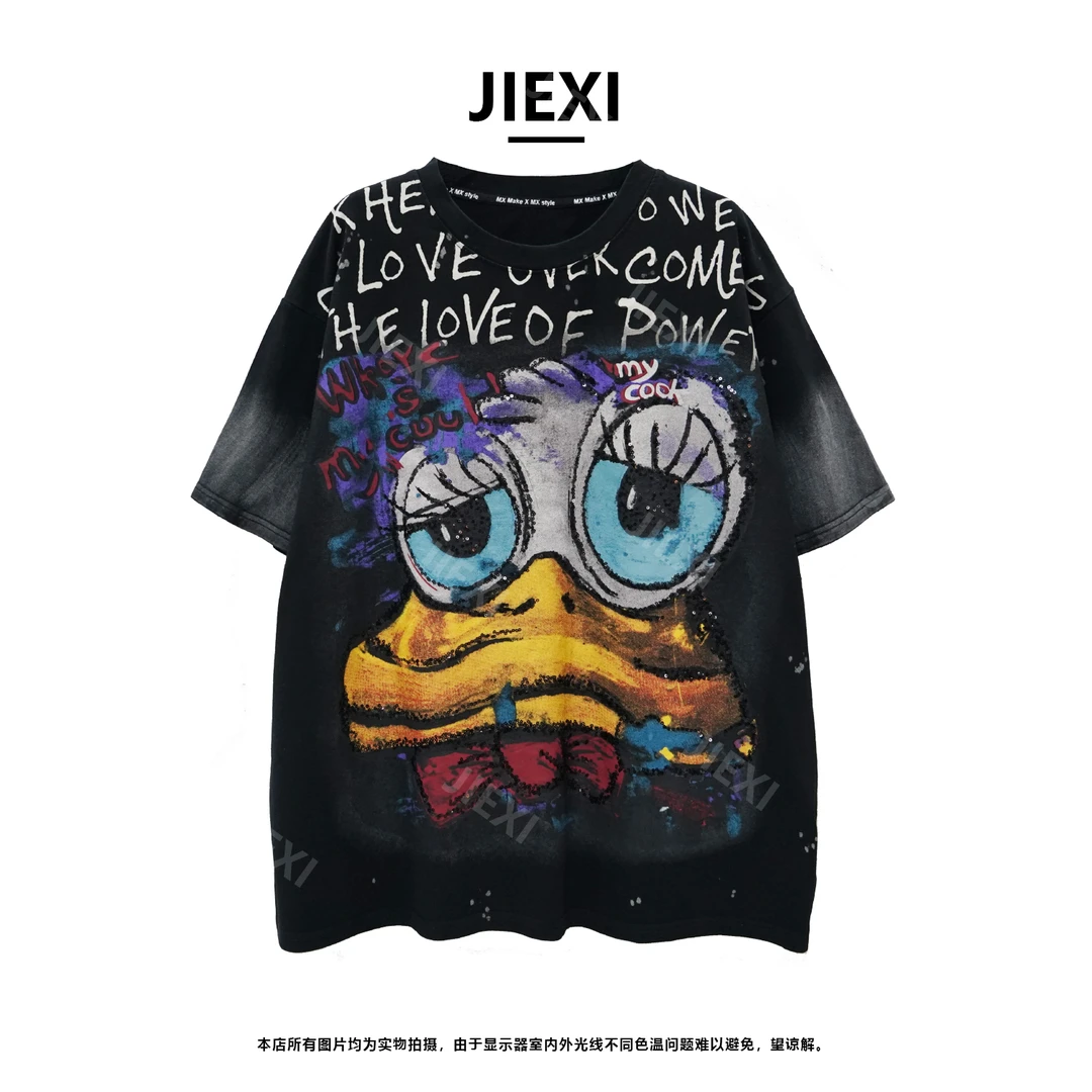 JIEXI设计师宽松街头潮酷重工洗水做旧手绘印花短袖T恤jx37822