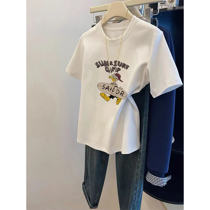 2025年新款正肩磨毛圆领短袖t恤女上衣白色时尚百搭打底衫春夏季