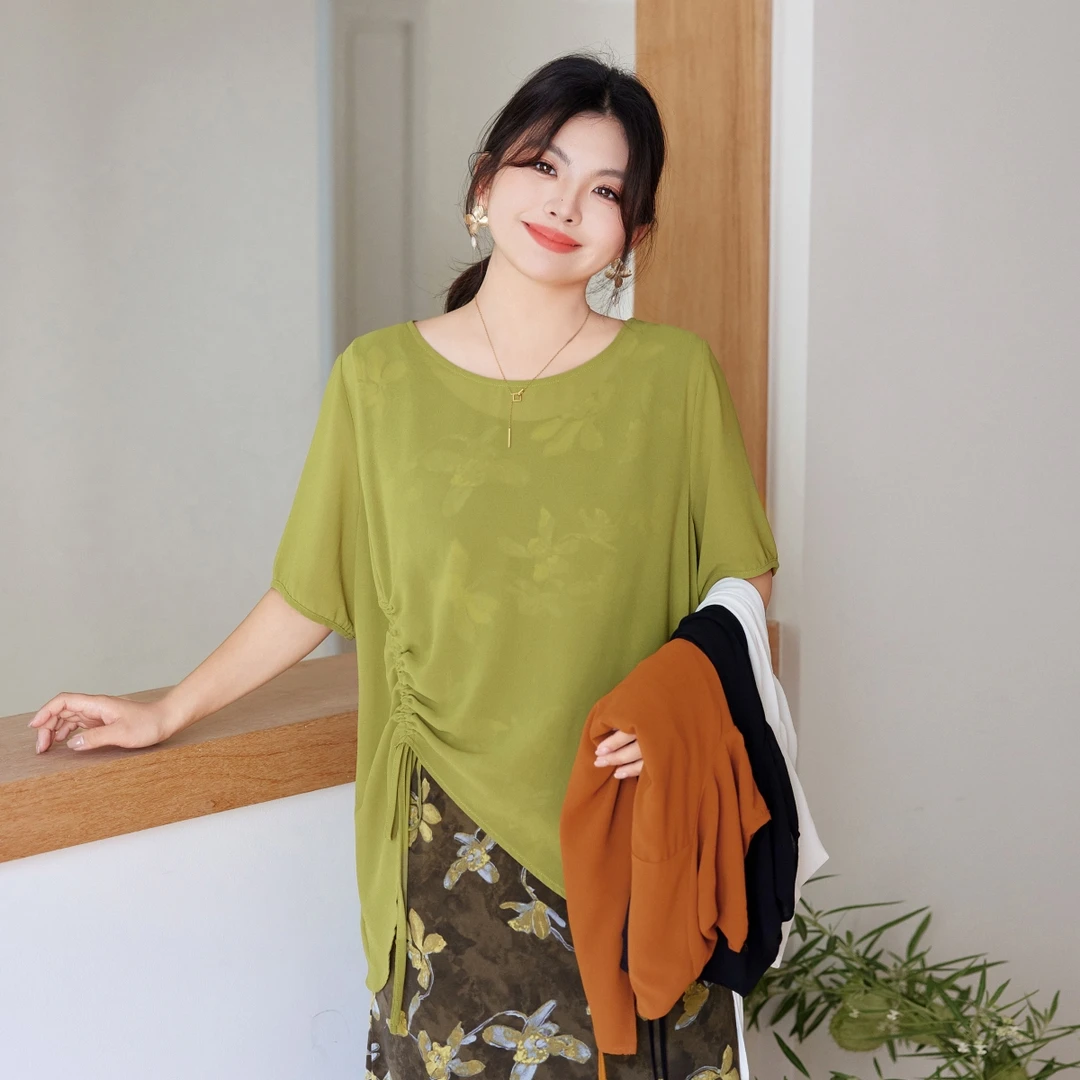 MsShe大码女装2025夏装抽绳不规则下摆后背开叉雪纺小衫B2505040