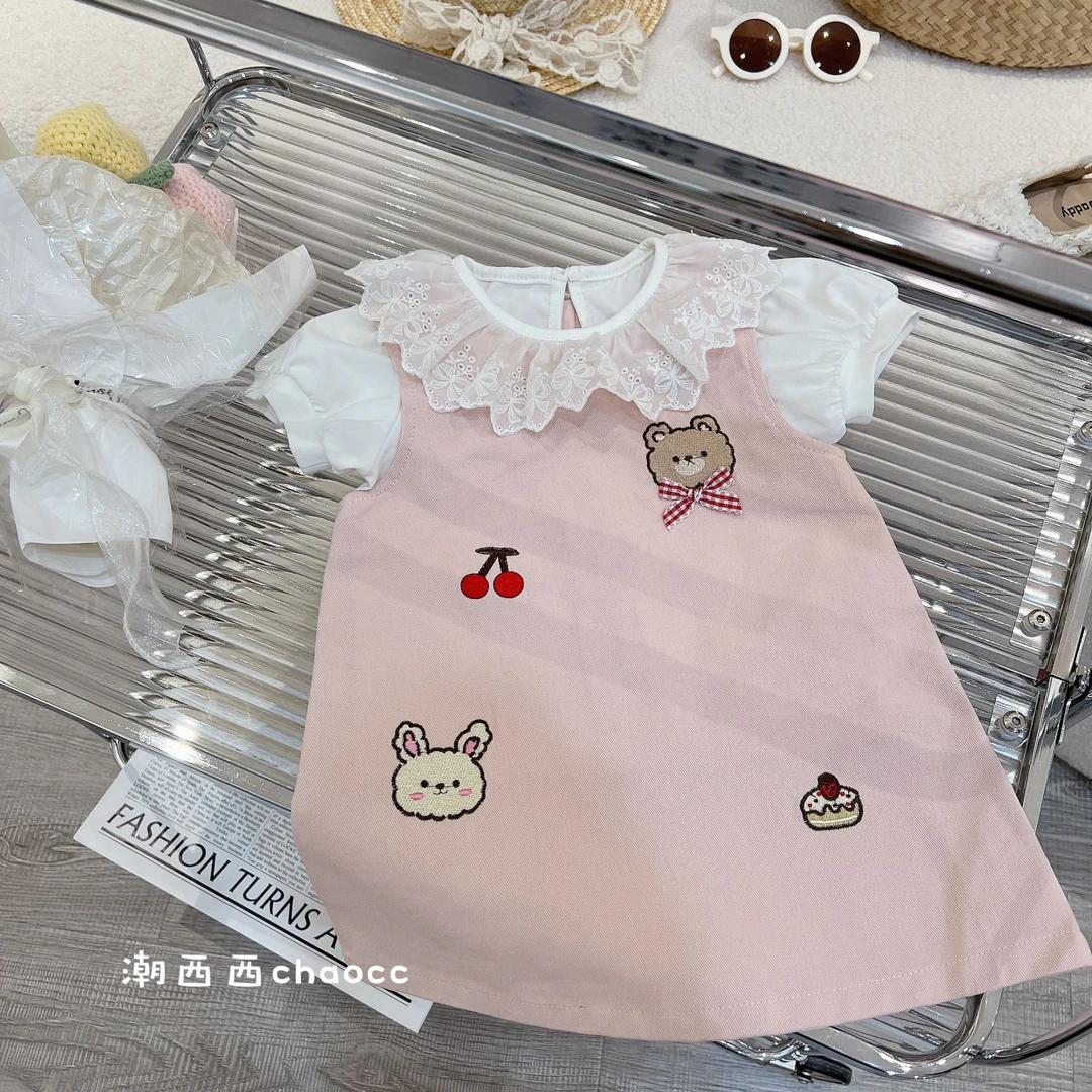 潮西西定制童品2025春季新款牛仔公主背心裙短袖套装粉色甜美女童