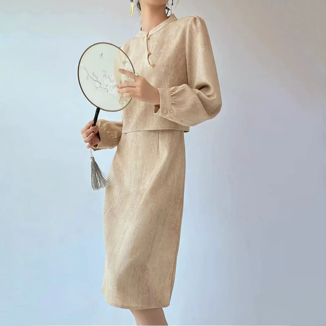 ！女士长袖立领小衫无袖连衣裙两件套装G937