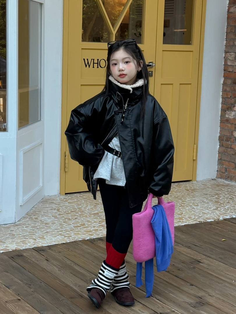 LJ-72501-柠檬酱童装女童2025冬季新款翻领机车皮衣外套