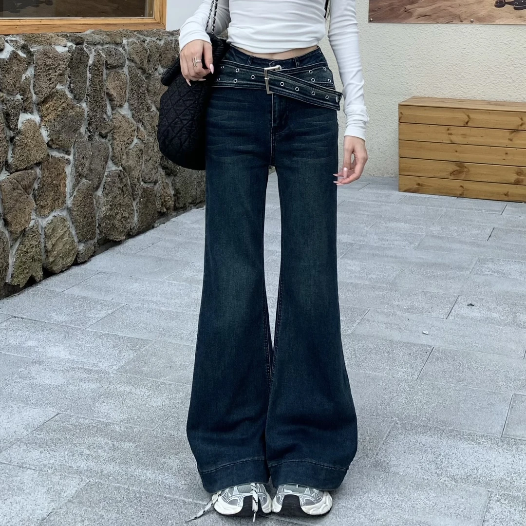 3MER 复古微喇牛仔裤女秋设计感小众修身显瘦直筒拖地裤子
