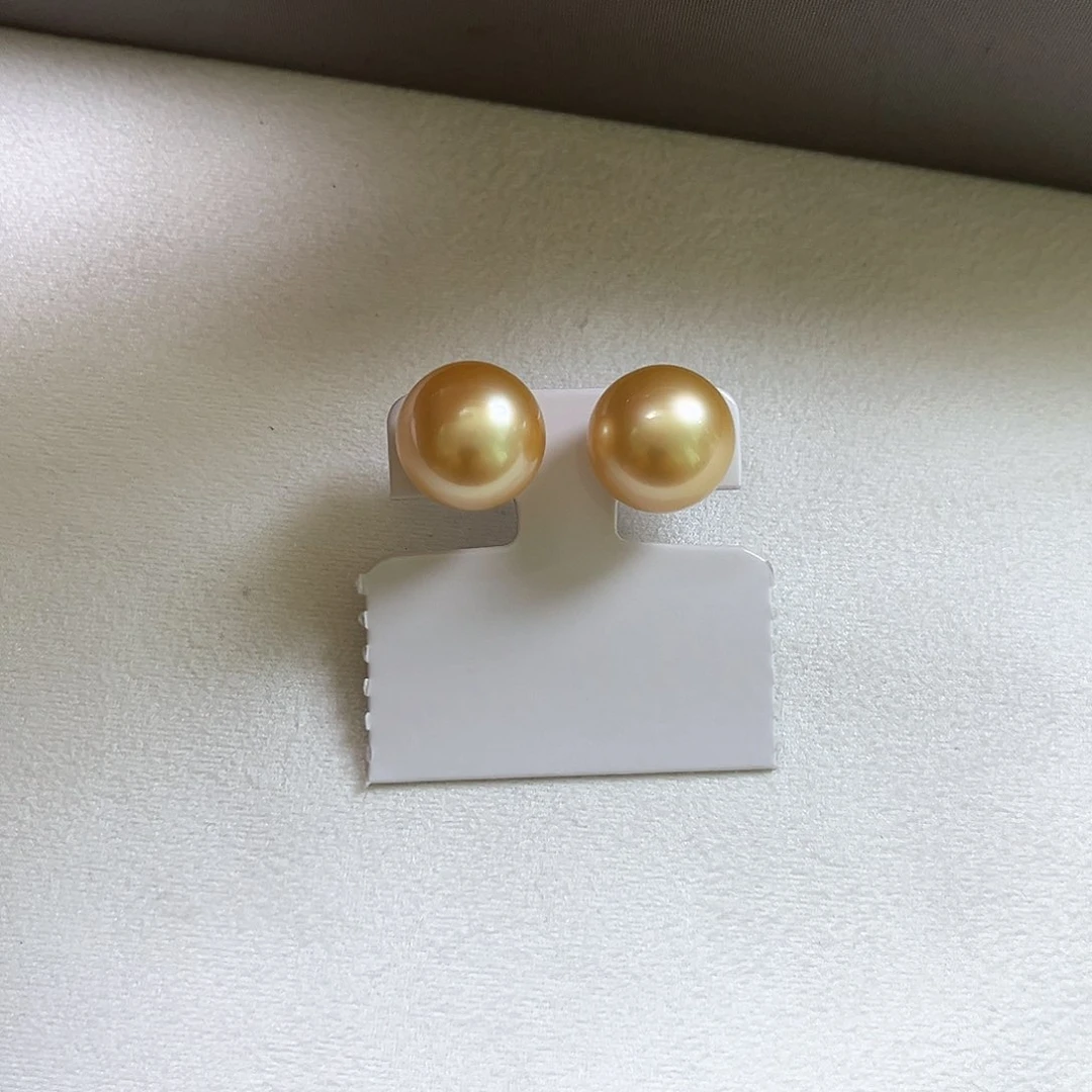 海水珍珠耳饰18K金镶嵌叶*金珠13.5-14mm