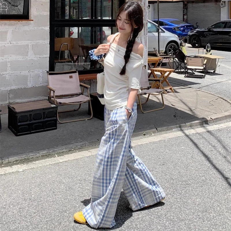 春夏季2025新款格子裤高腰宽松休闲裤直筒阔腿裤薄格子裤子女