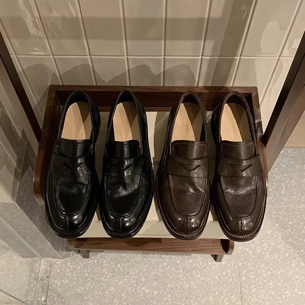 圆头厚底复古小皮鞋女款2025年春季新款百搭一脚蹬英伦风乐福鞋