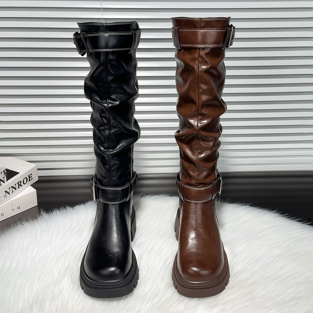 爆款褶皱长筒靴女2025秋冬皮带扣厚底不过膝骑士靴显瘦增高长靴子