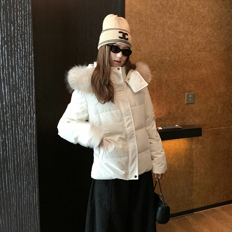 白鸭绒大毛领白色羽绒服女收腰显瘦短款小个子连帽三防保暖立领