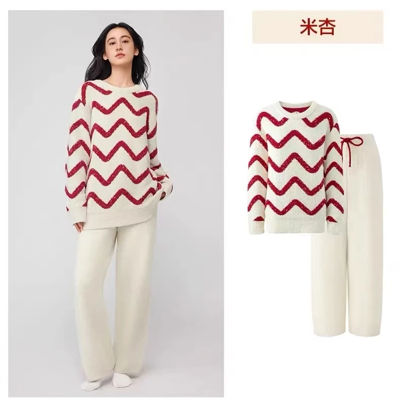 新款秋冬季半边绒条纹圆领简约宽松睡衣红色休闲家居服套装