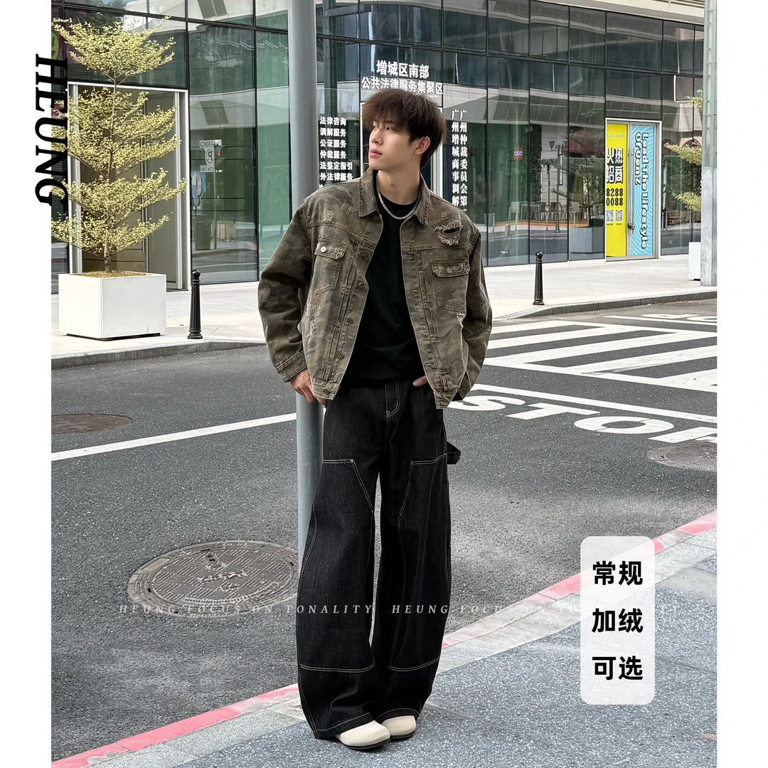 HEUNG 秋冬新款加绒沙漠迷彩牛仔外套原创设计重磅纯棉工装夹克男