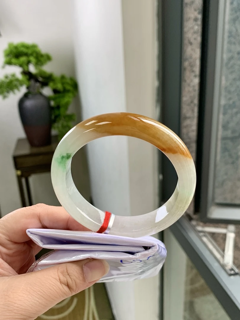 59圈黄翡飘花天然翡翠手镯正圈平洲天然缅甸A货1224C-BQA07