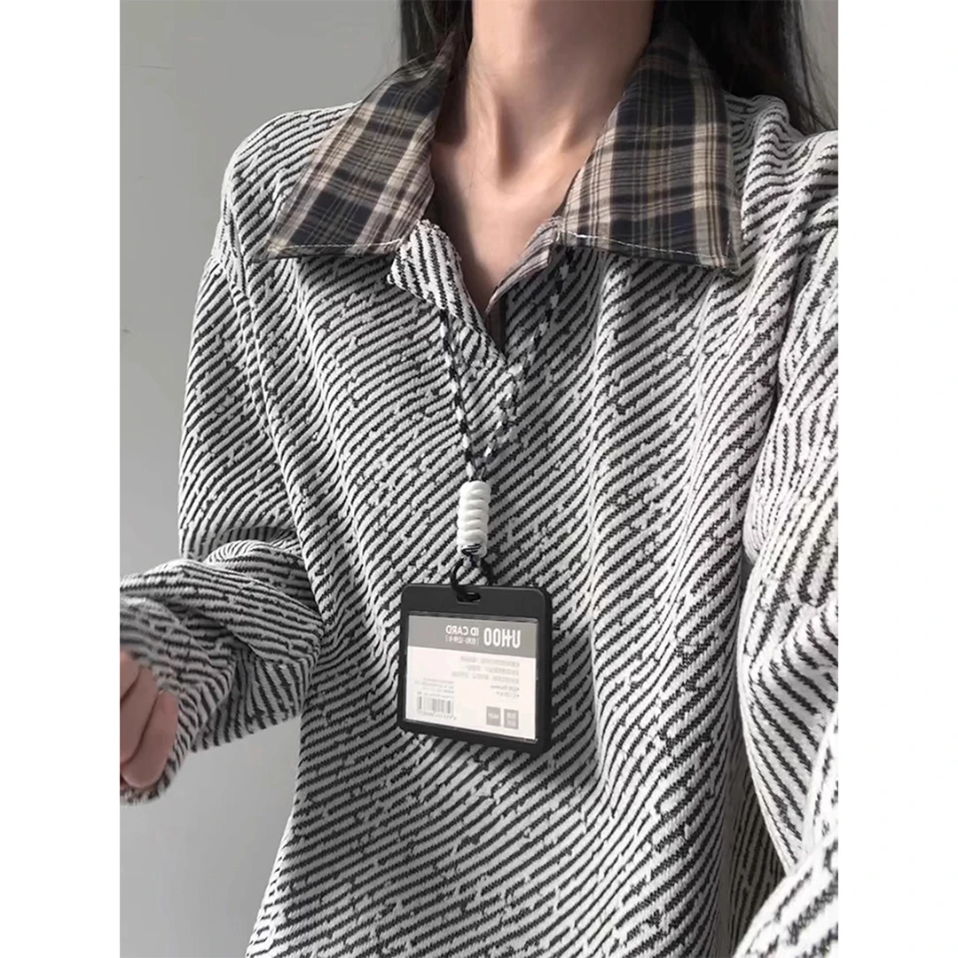 雪尼尔粗织条纹POLO领卫衣男秋季潮牌格子拼接小众设计感休闲外套