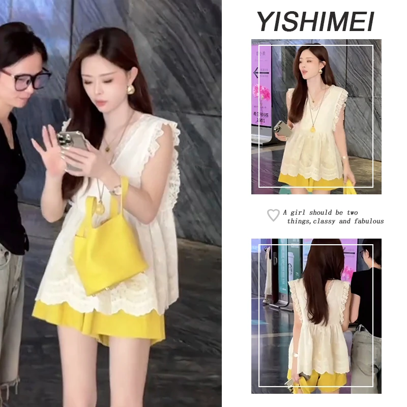 2025年夏季穿搭一整套韩系简约百搭小飞袖无袖上衣短裤两件套装