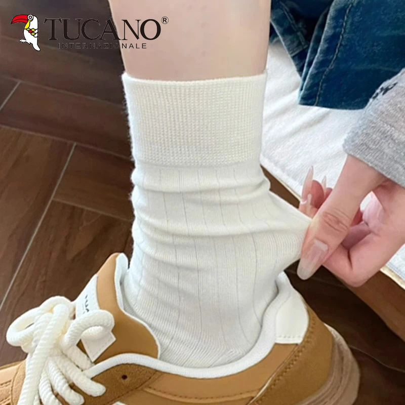 黑白色无骨袜子女中筒袜百搭竖条纯色棉袜时尚显瘦堆堆袜外穿长袜