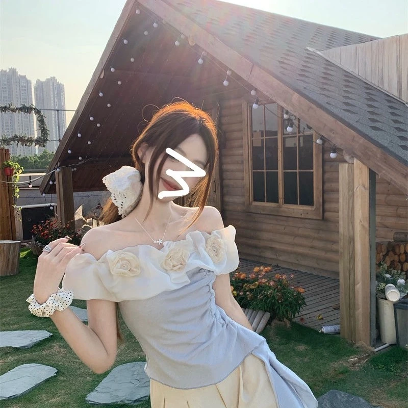 氛围感花朵一字肩T恤女夏季设计感小众纯欲风不规则修身飘带上衣