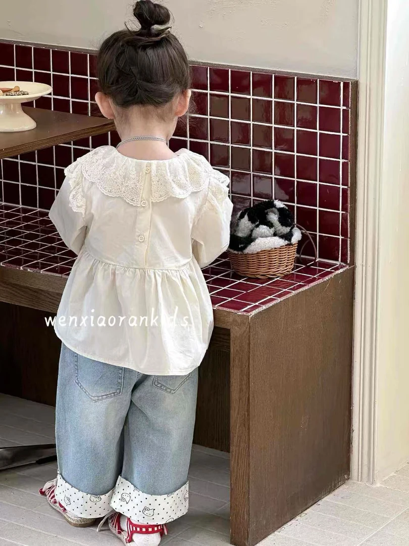 秋季宝宝女童长袖蕾丝娃娃领可爱泡泡袖时尚爆款衬衣