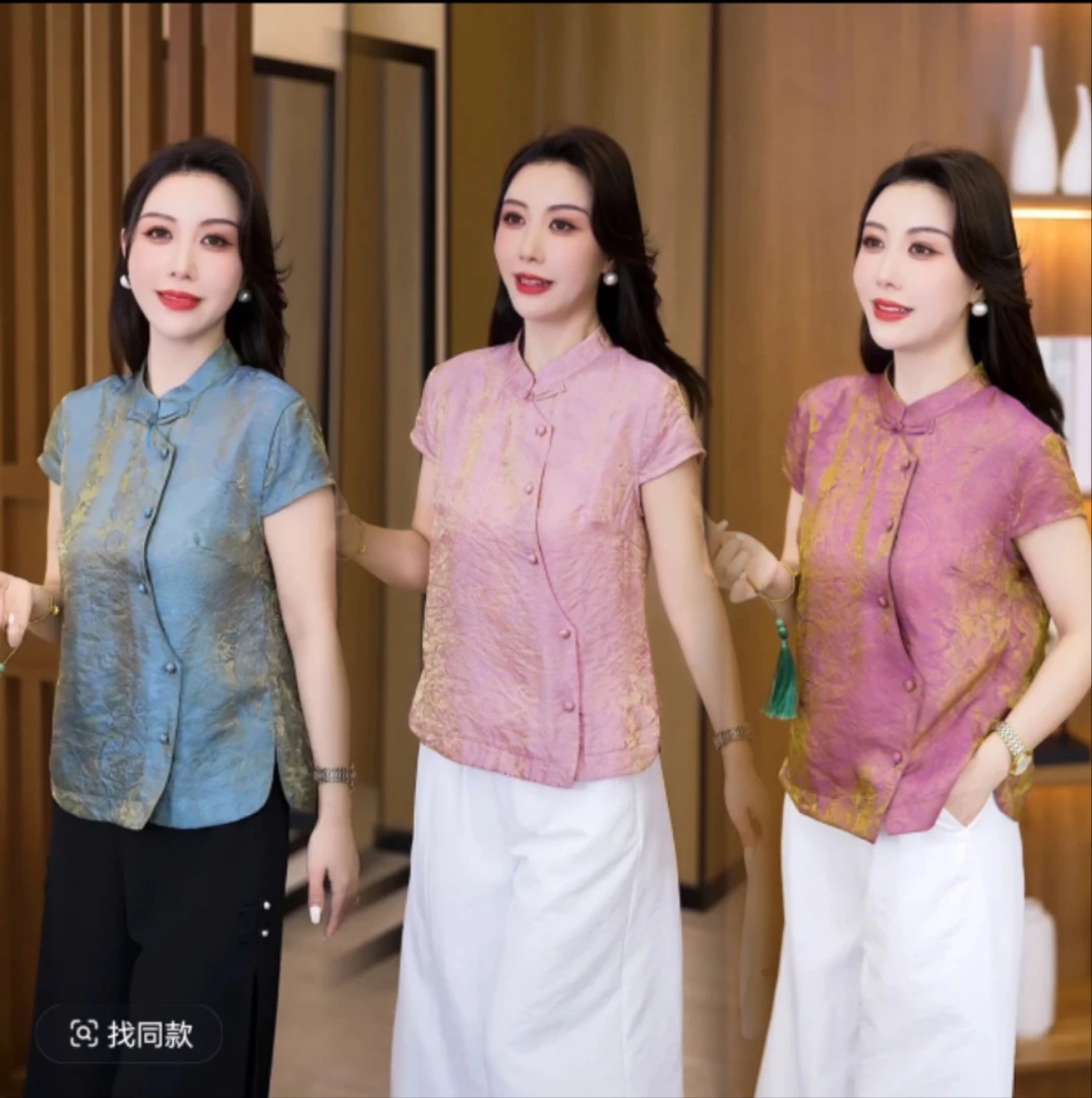 夏季新款气质国风女士减龄短袖上衣高档立领渐变盘扣宽松显瘦T恤