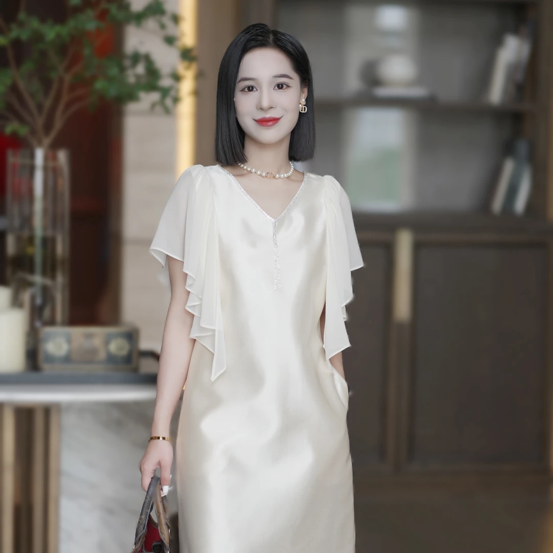 罗美拉 夏季法式高级感V领钉珠时尚优雅荷叶边飞袖气质连衣裙648