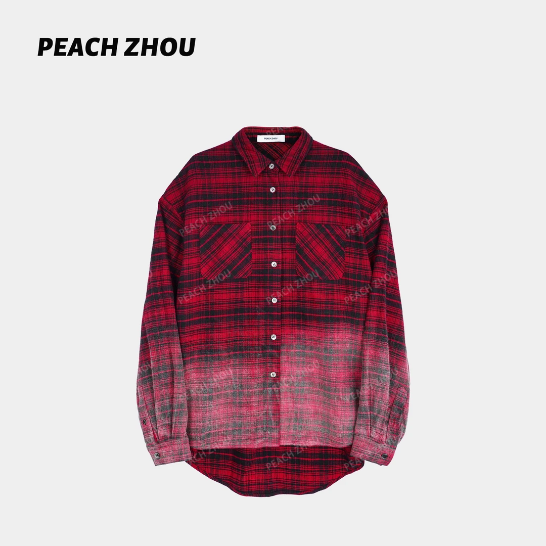 『PEACHZHOU』做旧磨白渐变红格纹口袋宽松翻领休闲男友风廓形衬衫