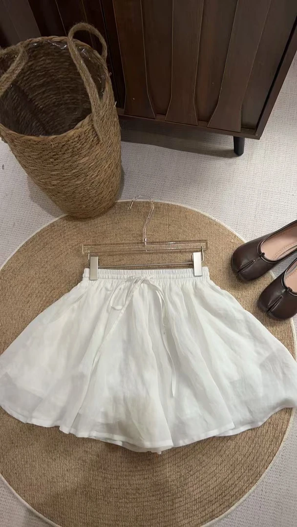 2025新款苎麻松紧腰百搭休闲插袋裙裤女夏季宽松短裤