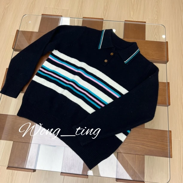 Wong_ting小众设计师半扣翻领条纹休闲百搭羊毛上衣12162