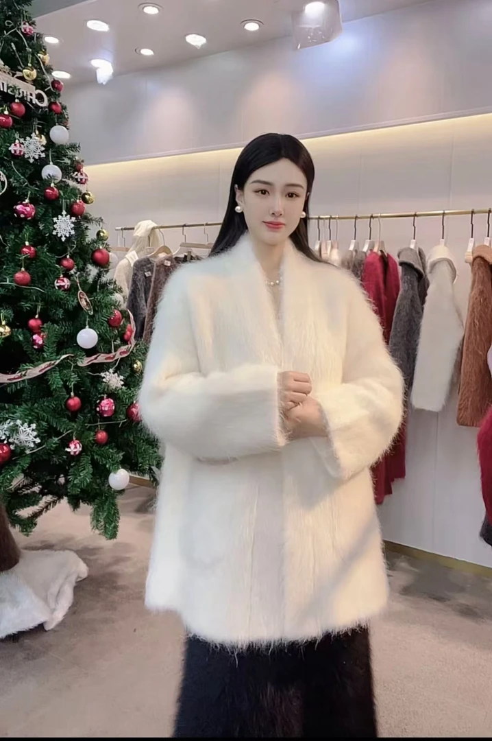 muzi【秘鲁苏利羊驼】高配加厚苏利羊驼暗扣口袋开衫长毛真毛