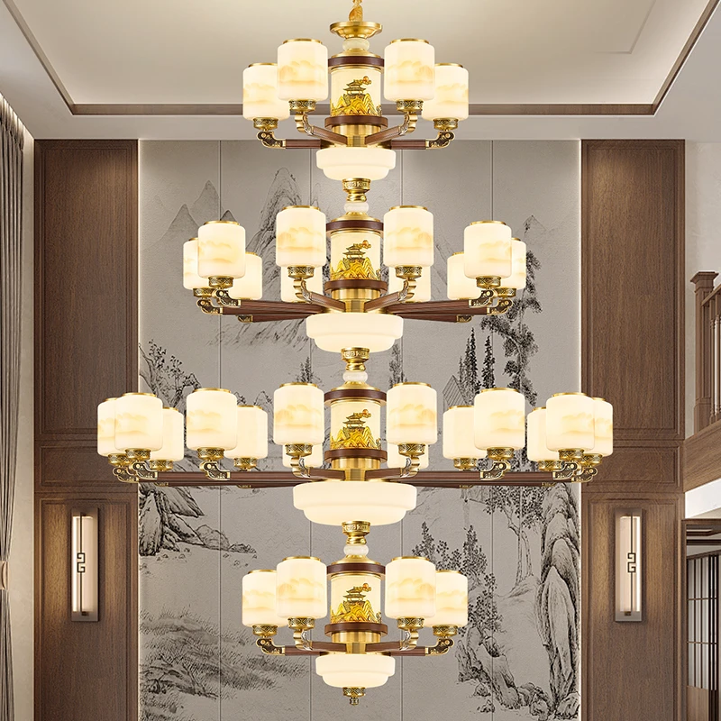 新中式全铜实木客厅大吊灯旭日东升大气别墅自建房吊灯卧室书房灯