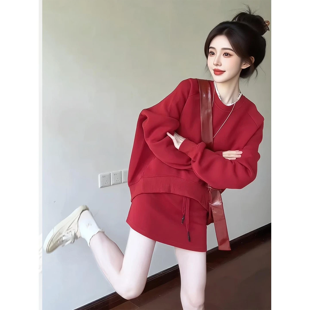 安可拉红圆领套头宽松长袖卫衣女2025新款早秋季穿搭韩系慵懒套装