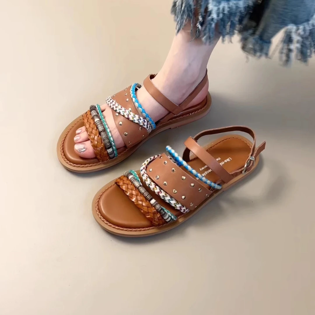 Pokoy-1cm法式复古编织镂空包头凉鞋女夏新款外穿百搭粗跟凉拖鞋