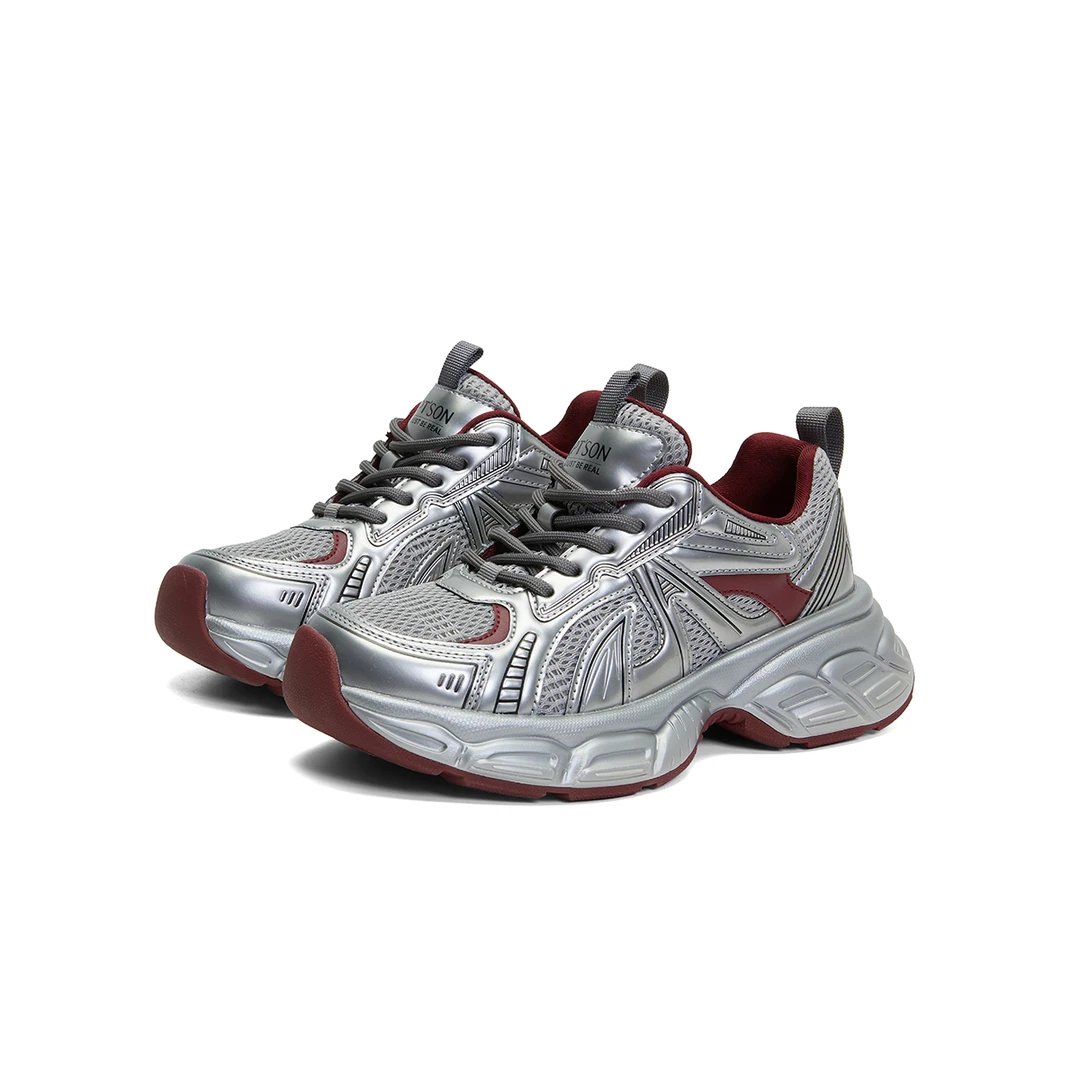 百田森红银撞色老爹鞋女休闲厚底运动鞋