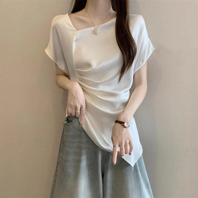 大码设计感不规则掐腰短袖衬衫女夏季胖mm显瘦高级感醋酸缎面上衣
