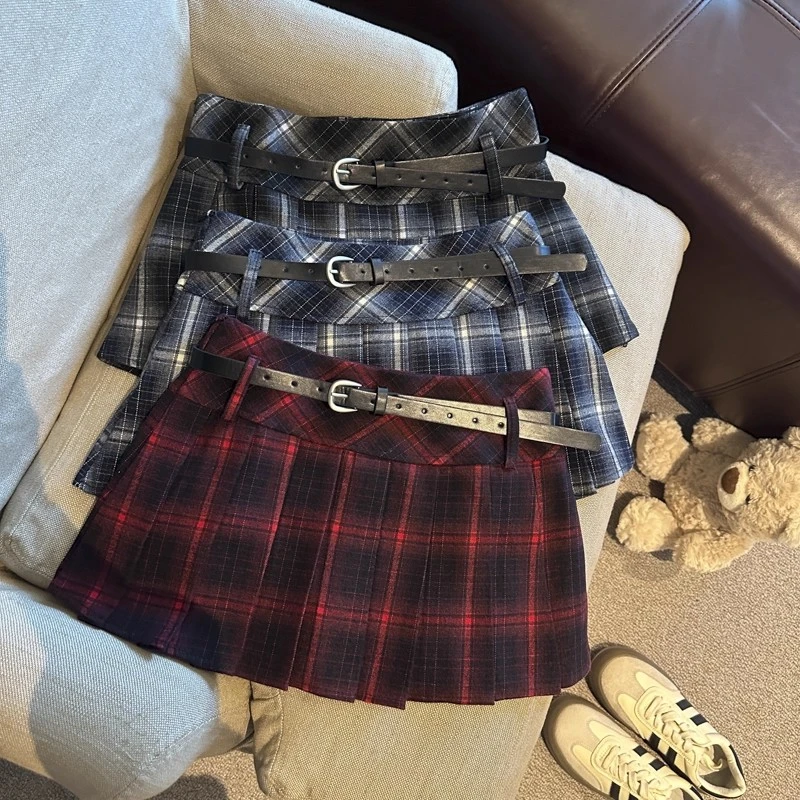 【送腰带】学院英伦风复古格纹撞色A字短裙 磨毛百搭格子半身裙女