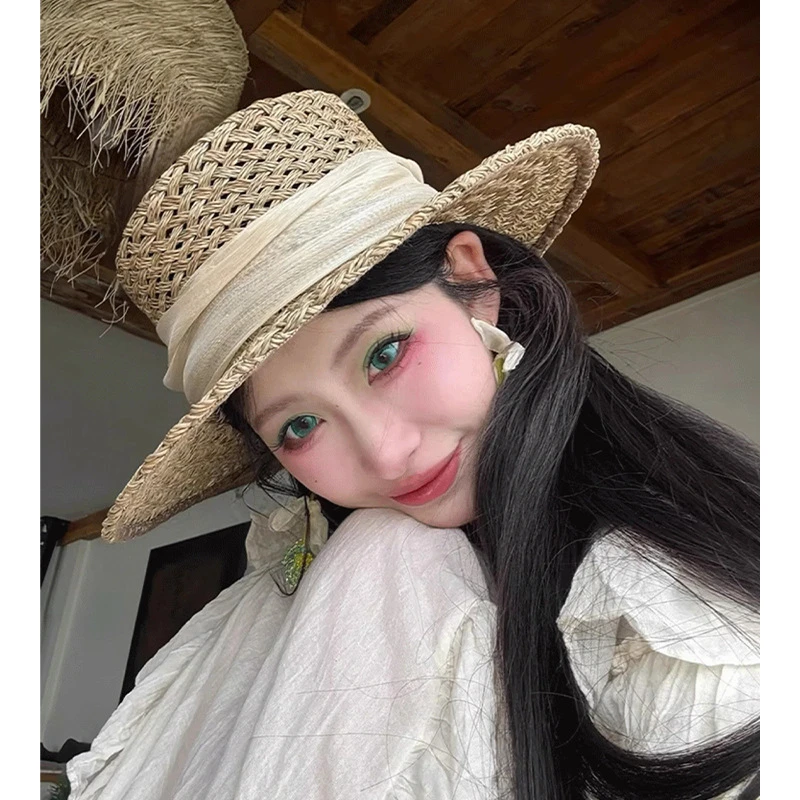 老钱风镂空平顶草帽女夏季编织镂空法式海边沙滩防晒透气遮阳帽子