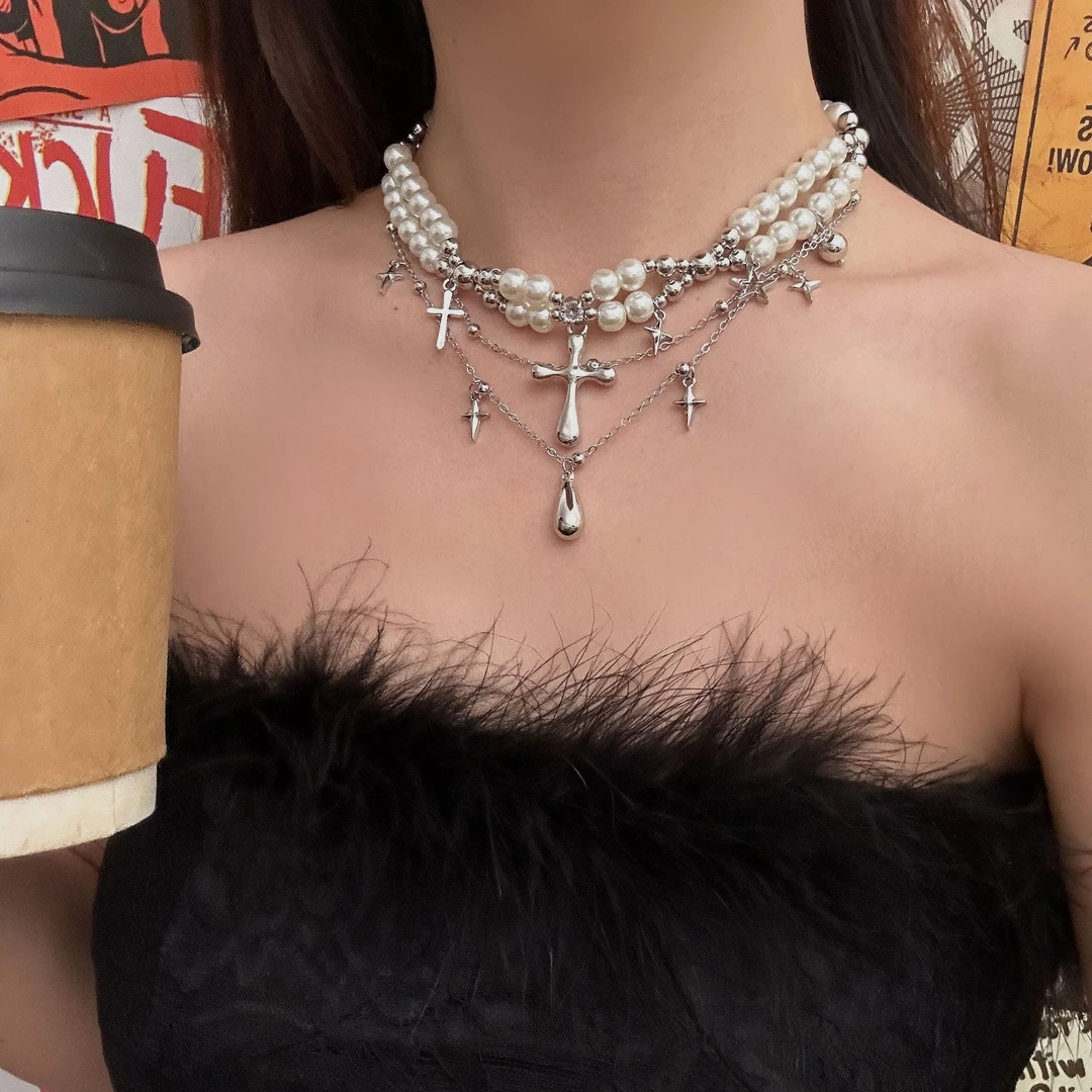 铜合金仿珍珠项链 多层叠戴十字架项链女y2k辣妹高级感锁骨链颈链