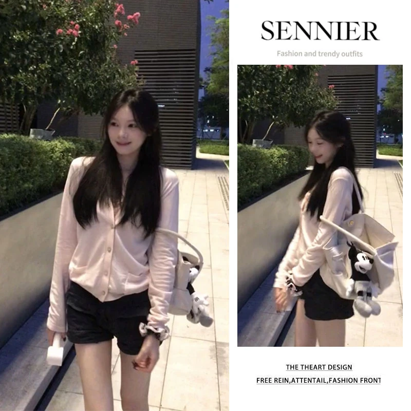 夏季温柔系穿搭女2025新款简约纯色长袖针织开衫显瘦短裤两件套装
