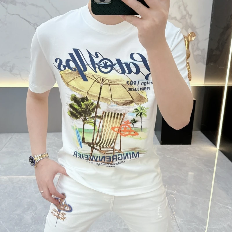 度尚-欧版男士夏季新款丝光棉t恤轻奢时尚潮流个性圆领百搭短袖