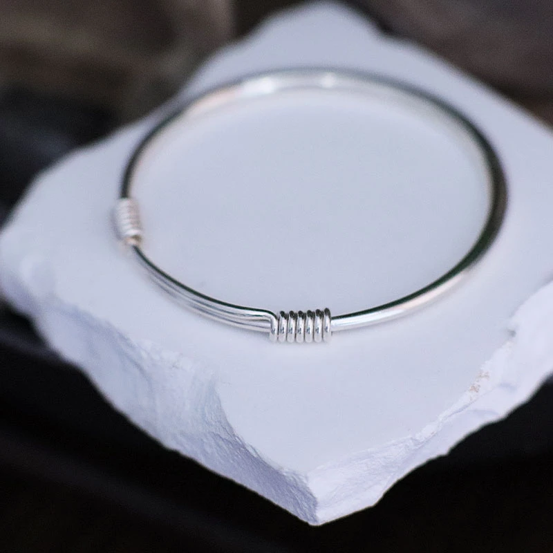 足银手镯 亮面传承光面实心推拉素镯 经典手工素圈可调节