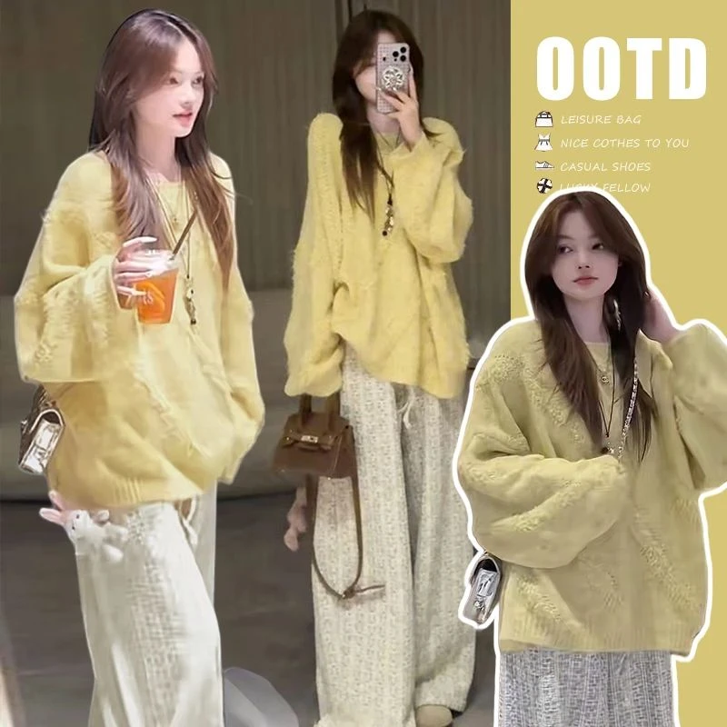 时髦孕妇装秋冬新款时尚宽松慵懒风针织毛衣上衣加休闲阔腿裤套装