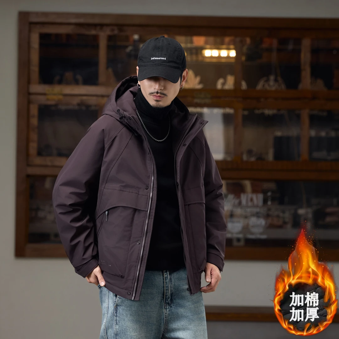 紫色工装夹棉冲锋衣夹克男士新款棉服美式棉衣秋冬季加棉加厚外套