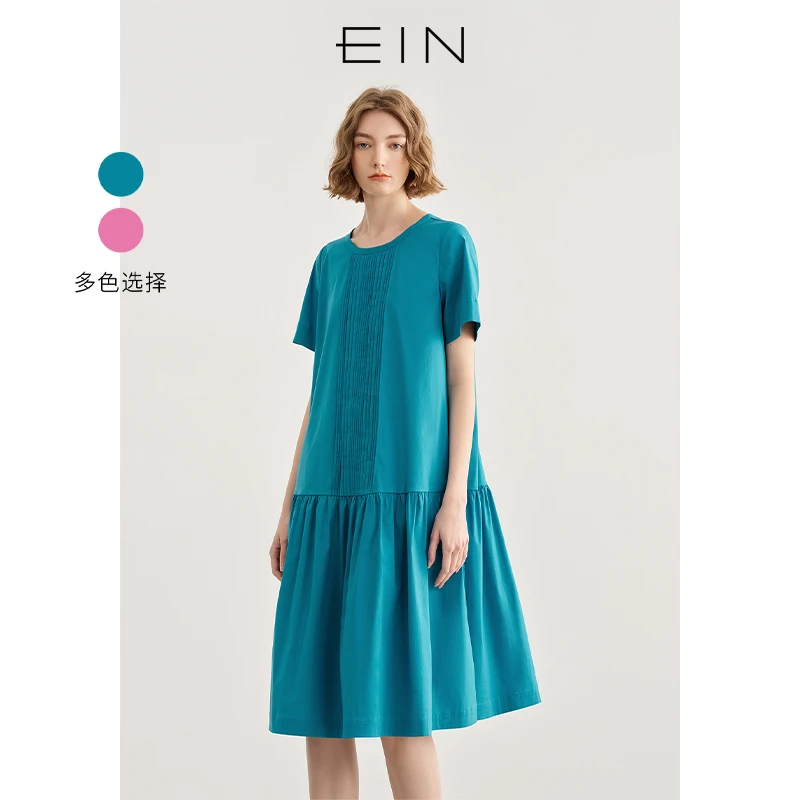 EIN/言多巴胺风琴褶简约圆领短袖连衣裙收褶a字娃娃裙2025夏新款