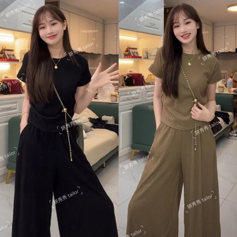 上衣+裙裤/休闲套装女气质夏季新款简约宽松时尚阔腿裤两件套