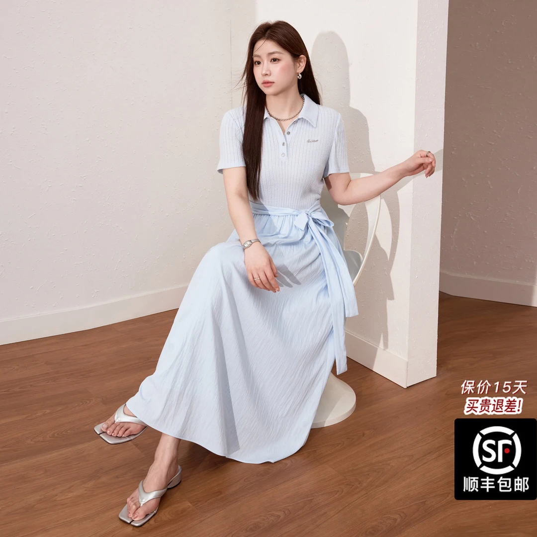 蓝语大码女装法式减龄Polo领巨显瘦连衣裙夏季系带收腰蓝色a字裙