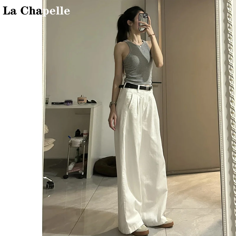 拉夏贝尔白色高腰阔腿牛仔裤女2025春秋新款宽松慵懒风工装裤女