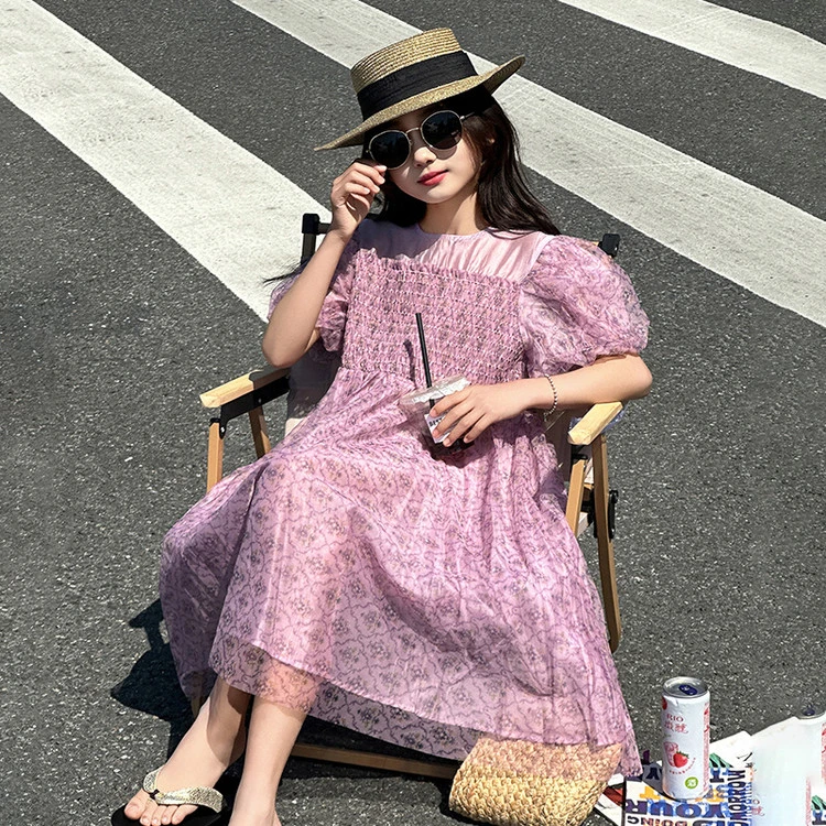 新款连衣裙甜美夏季碎花中长款女童中大童韩版显瘦泡泡袖洋气时尚