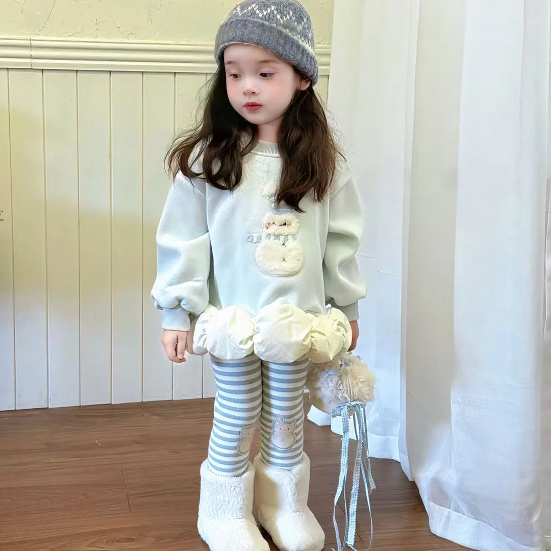 【KL】25秋冬新休闲卡通雪人卫衣裙女宝条纹加绒打底裤可爱时髦套装